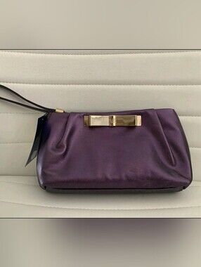 Victoria's Secret Purple Clutch Wristlet Evening Bag Make Up Bag w/Gold Bow